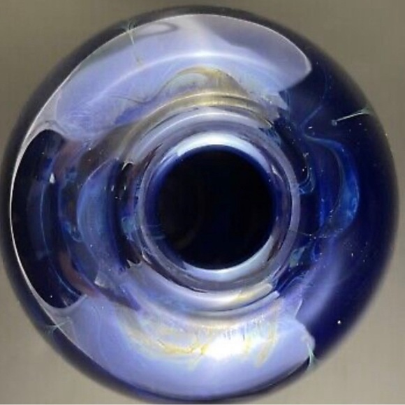 Randy Strong Art Glass Iridescent Cobalt Pulled Feather 9 1/2" Vase - Si… - Picture 3 of 8